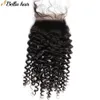 Bella Hair Curly Wave Lace zamknięcie 4x4 Bezpłatne Środkowe Trzy częściowe ludzkie włosy Kręcowe zamykanie splotu wstępnie ścięte z włosami dla niemowląt 150% gęstość naturalne czarne włosy Slay