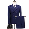 더블 브레스트 어두운 파란색 정장 남성 슬림 스트라이프 슈트 3 피스 재킷, 바지, 조끼 남성 비즈니스 정식 양복