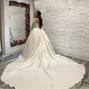 charming Saudi Arabic lace satin Wedding Dresses 2020 Long Sleeves v neck applique Bridal Gowns Cathedral Train Plus Size Wedding gown
