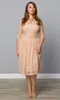 Crimson Fashion Plus Size Lace Evening Gowns Tea Length V-Neck Cocktail Party Bridesmaid With Sheer Sleeves Mother Dresses Special Occasion