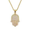 Hip Hop Iced Out Full Rhinestone Hamsa Hand Of Fatima Necklaces Pendants For Women/Men Jewelry Gold Color Stainless Steel Chain