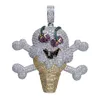 Hip Hop Iced Out Corsair Skull Skeleton Ice Cream Pendant Necklace with Stainless Steel Rope Chain