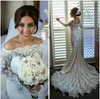 Elegant Lace Mermaid Wedding Dresses With Long Sleeve Sexy Off The Shoulder Fishtail Train Boho Country Bridal Gowns Modest Beaded Button