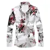 2018 Men's Autumn Print Long Sleeve Shirt Youth Fashion Flowers Navy Blue Hawaiian Shirt Satin flower Camisa 7502 M-7XL