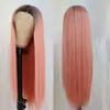 Hittebestendige Middelste Deel Ombre Roze Kleur Pruik Lang Haar Lijmloze Zijdeachtige Rechte Lace Front Pruiken Donkere Wortels Synthetische Pruiken Voor Zwarte Vrouwen