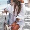 Hombro vestido de la playa del bikini cubierta sólidamente Swim encubrimientos de manga larga ropa de playa femenino atado Túnica Traje de baño Verano