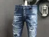 Jean bleu pour hommes, patchs Patchwork, détail de points, pantalon en Denim élastique, effet déchiré, pantalon de Cowboy