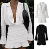 Casual Dresses Womail Dress Women's Vintage Solid Turn-down Collar Long Sleeve Ladies V-neck Ruffled Mini Beautiful Elegant1