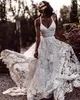 Split Bohemian Latest Dresses V Neck Lace Appliqued Bridal Gowns Country Boho Style Beach Wedding Dress