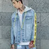 New Hooded Denim Jacket Trendy Style Stitching Zipper Hit Color Letters Weaving Bands Loose Couple Jeans Jacket Removable Cap