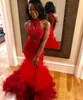 Red Ombre Mermaid Beaded Prom Dresses Sequined Halter Neck African Backless Evening Gowns Plus Size Sweep Train Satin Tiered Formal Dress