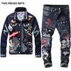 Vintage Jackor Jeans Set Herr Träningsoveraller Slim Skönhet Kapten Badge Stitching Denim Jacka + Broderi Byxor 2-delad Set Streetwear Ensembles pour hommes