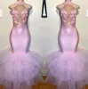 Blush Pink Mermaid Prom Dresses 2020 Halter 3D Flowers spetsapplikationer Kvällsklänningar plus storlek Afrikansk formell festklänning BC3986342H