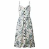 Groothandel-riem v-hals zomer strand gewaad jurk vrouwen zonnebloem print backless casual jurk vestidos smocking hoge taille midi vrouw