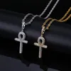 Iced Out Solid Back Ankh Key Cross Naszyjnik Wisiorek Pełny Cyrkon Złoto Posrebrzane Męskie Hip Hop Biżuteria Prezent