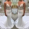 Nouvelle dentelle Satin sirène robes de mariée Sexy bretelles spaghetti Illusion corsage robes de mariée avec tribunal train robe de mariée