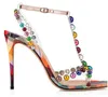 Brand Design Women Fashion Colorized Beaded Studded T-strap Gladiator Peep Toe PVC Plaid High Sandals Dress Heel Shoes