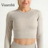 Top corto in tessuto a costine da allenamento Top flessibile da yoga in maglia a quattro vie Top sportivi a maniche lunghe da donna atletici senza cuciture Gym3441276