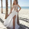 Vestidos de novia bohemios de verano 2019 Chic Sheer Lace Apliques sin tirantes Gasa Vestidos de novia de novia de división alta