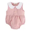 Newborn Infant Baby Girls Cute Doll collar buttons Sleeveless Romper Summer Solid Color Jumpsuit Cotton and linen Outfit Clothes