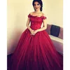 2019 Sexy Burgundy Quinceanera Ball Gown Dresses Off Shoulder Cap Sleeves Lace Beads 3D Appliques Plus Size Party Prom Evening Gowns Wear