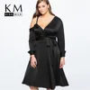 KissMilk Plus Size A-Line Slking Off Should Cleinders met Satin Grote Size Lange Mouwen Jurk