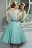 Vestidos Tealength Bridesmaid Dresses 2020 Vintage Lace Top Cap Sleeve Mint Green Ruffled Organza ALine Maid of Honor Gown9376677
