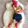 Ärmlös sommar solros halter toppar denim shorts tjejer kläder bomull söt 2st nyfödd toddler barn baby flicka kläder set