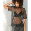 2019 Hot Women Summer Mesh Sheer Punk T-Shirt T-shirt olografica a maniche corte trasparente lucida da club