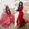 2023 New Red Bling V Neck Mermaid Prom Dresses with Long Sleeve For Black Girls Sexy High Split Evening Dresses Court Train 989