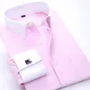 New Autumn Pure Color Pink Yellow Blue Fashion Personality Casual Formal Long Sleeve Men Dress Shirt With French Cufflinks