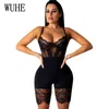Wuhe Lace Patchwork Sexy Spaghetti Strap Jumpsuits Women Off Shoulder Ärmlös Elegant Bodycon Bandage Party Short Playsuits T200113