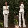 Chic Women Suits Evening Dresses Sexy Deep V Neck Long Sleeve Pant Suit Prom Gowns Party Wear