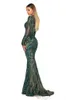 Hunter Green Mermaid Prom Dresses With Detachable Train Illusion Long Sleeve Lace Applique Sequined Evening Gowns Plus Size Sexy Party Dress