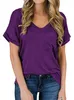 T-shirt da donna a maniche corte in cotone tinta unita con scollo a V, camicetta casual allentata da donna con tasca