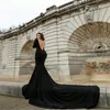 Sexy Black Mermaid Pageant Gowns High V-neck Long Sleeve Backless Party Dress Ruched Satin Sweep Train Custom Made Evening Gown