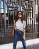 2019 Vårkvinnor Kläder Mörkblå StreetWear Casual High Waist Button Vertikal Striped Jeans Byxor Femme