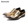 Batzuzhi Luxury Mens Shoes Pointed Iron Toe Gold Leather Dress Shoes Men Zapatos Hombre Formal Party and Wedding Shoes Men, US12