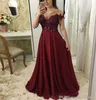 Elegancki Burgundia Linia Suknie wieczorowe Sheer Neck Krótki Rękaw Koronki Aplikacje Party Suknie Długa Szyfonowa Dress Evening Wear Vestido de Novia