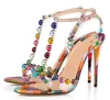 Brand Design Women Fashion Colorized Beaded Studded T-strap Gladiator Peep Toe PVC Plaid High Sandals Dress Heel Shoes