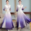 Aodai Floral Print Wedding Party Dress Kobiety Chiński Styl Cheongsam 3/4 Rękaw Purpurowy Elegancki Robe Qipao Szyfon Koreański Suknia