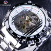 ForSining Military Watch Sport Design Automatisk transparent silver rostfritt st￥l skelett mekaniska klockor Toppm￤rke lyx
