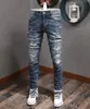 Jean en Denim extensible pour hommes, coupe de motard, Slim, Patch peint, garniture de jambe, pantalon de Cowboy