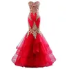 Sexy Red Gold Mermaid Prom Dresses Tiered Skirt Applique Lace Sweetheart Lace-up Tulle Dresses Evening Wear Formal Party Gowns Robes 2019