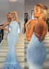 2019 Fashion Light Blue Lace Halter Prom Dress Mermiad Long Formal Holidays Wear Graduation Evening Party Pageant Gown Custom Made Plus Size
