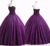 Dark Purple Tulle Quinceanera Klänningar Pärlor Beaded Stropless Open Back Sweet 16 Dress Ball Gown Prom Klänningar 8: e klassklänningar Real Image