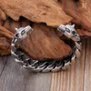 stainless steel leather Cuff bangle Biker Double Wolf Heads end open bangle for men Bling Father gifts .boyfriend gifts