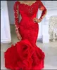 Red Mermaid Evening Dresses Long Scoop Lace Appliques Ruffles Sequins Plus Size Prom Dress Custom Made vestidos Long Sleeves Party Gowns
