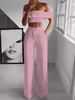 STYLISH Lady Neon Green 2 Piece Set Women Solid Off the Shoulder Crop Top and Wide Leg Pants 2019 Sexy Summer Club Party Two Piece Outfits