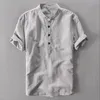 Stand Collar Men's Short Sleeve Linen Cotton Shirt With Botton White Green Blue Summer Casual Shirts Men New225R